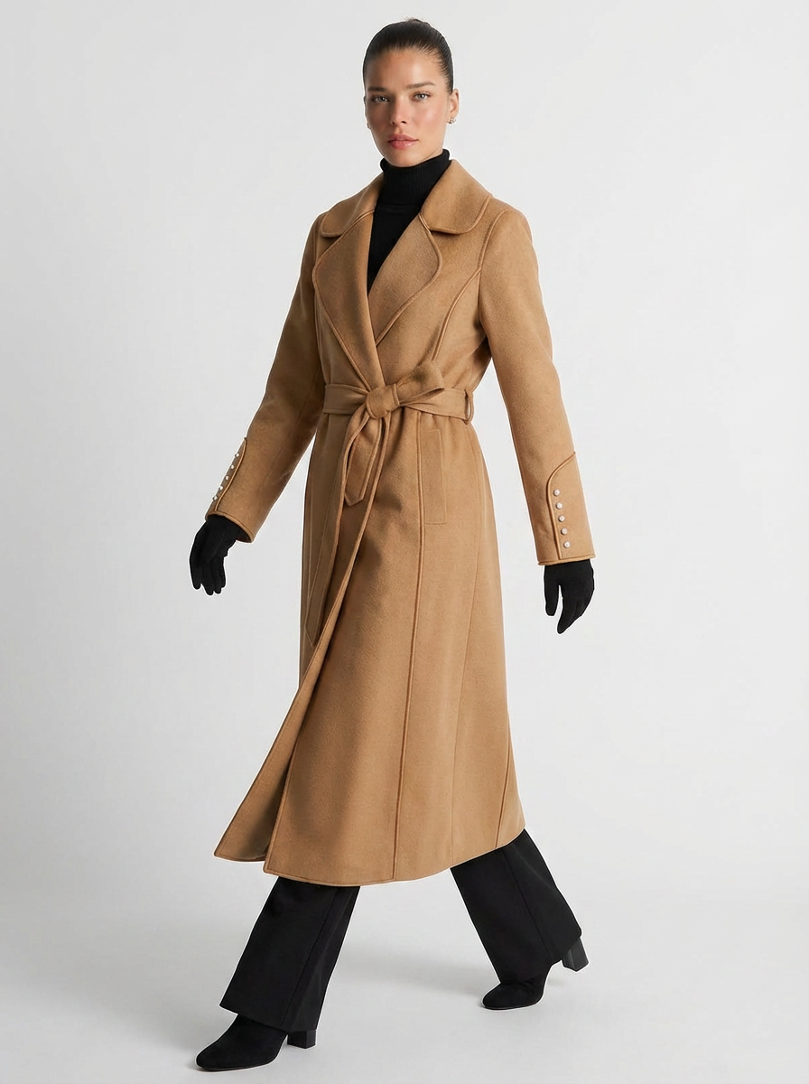 Tina | Women's Brown Notch Lapel Belted Longline Trench Coat