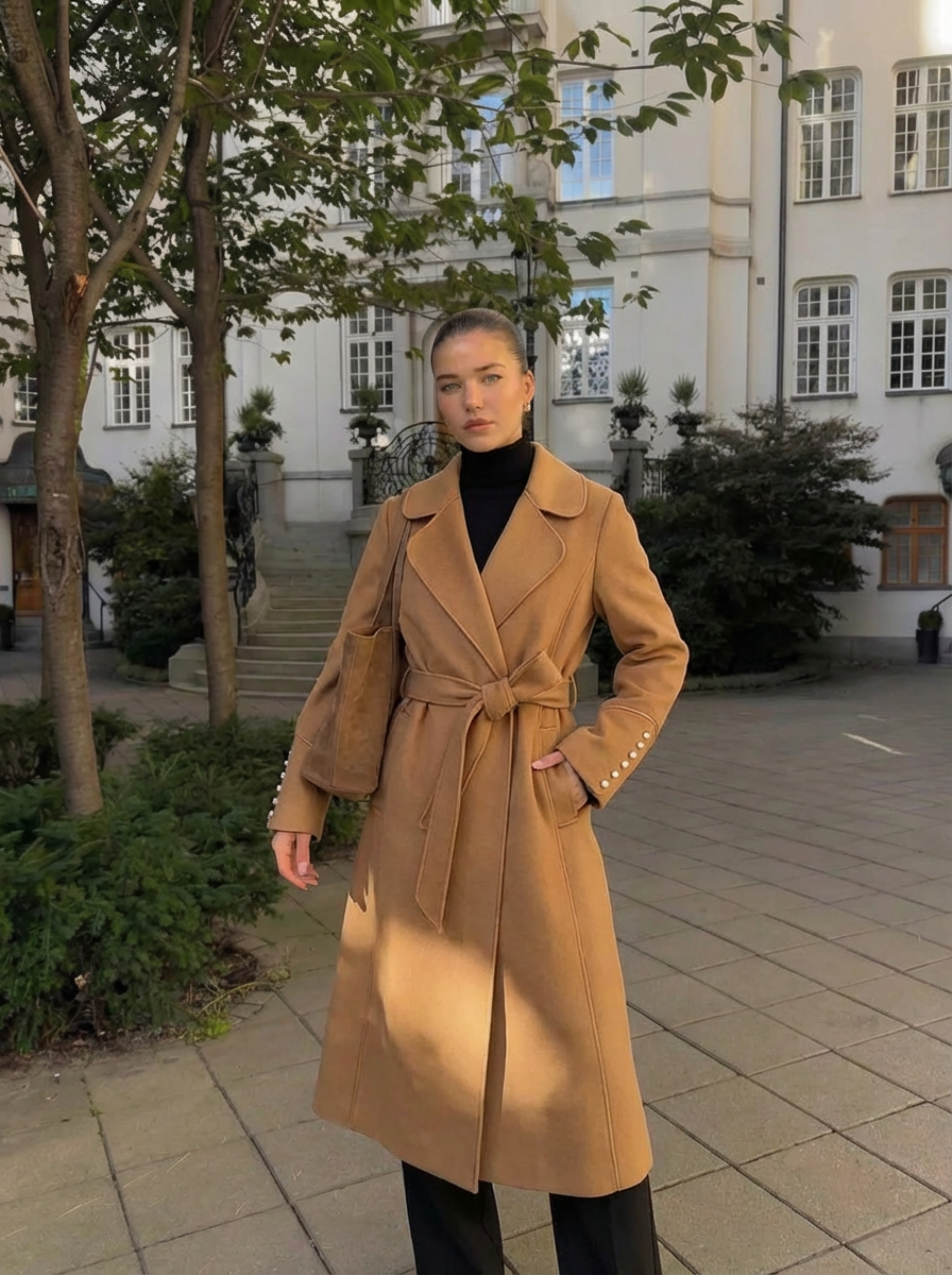 Tina | Women's Brown Notch Lapel Belted Longline Trench Coat 1