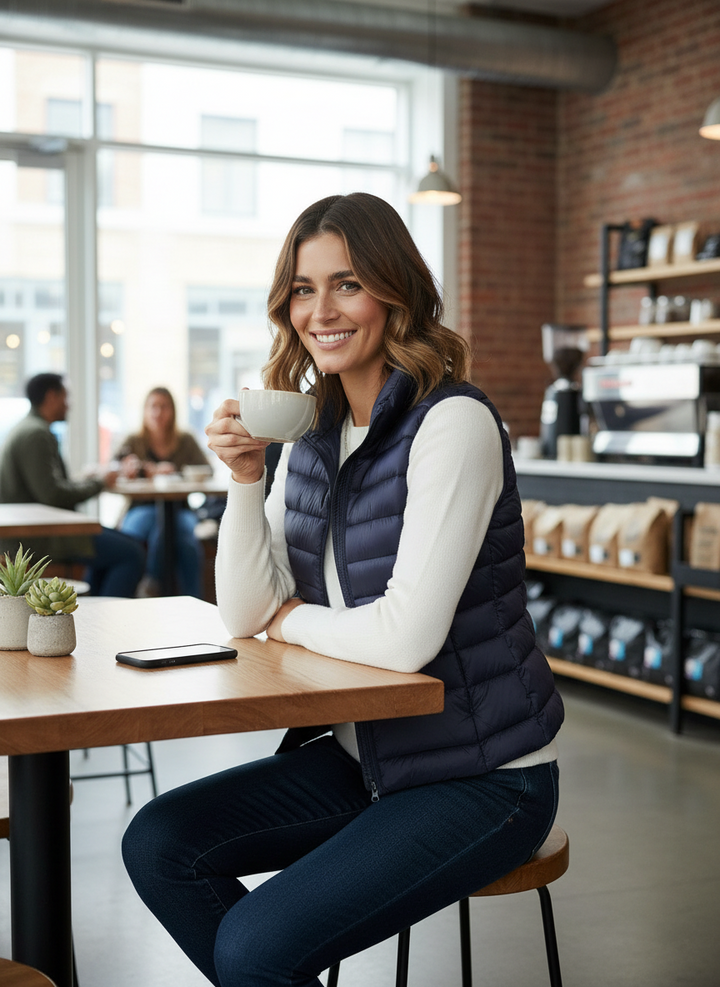 Vera | Women's Black Lightweight Zip Front Puffer Vest 1