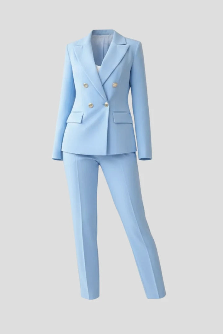Women's tailored suit set in light blue featuring double-breasted blazer with gold buttons and high-waisted straight-leg trousers