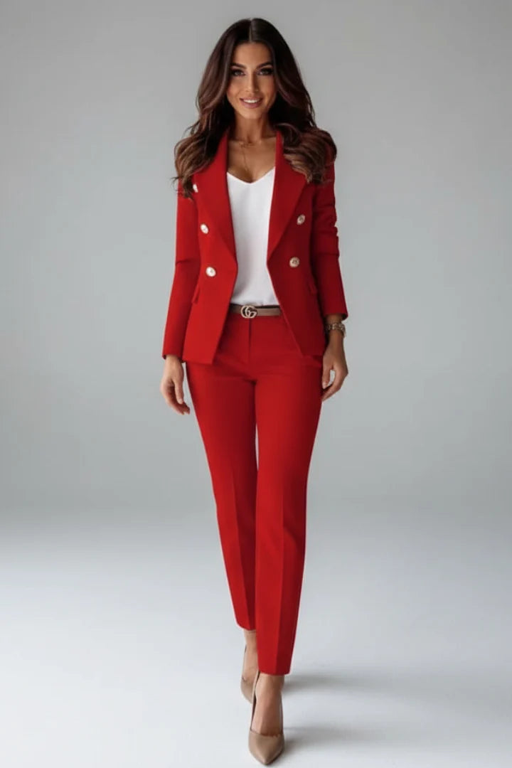 Women's business suit set in light blue displaying tailored fit blazer and high-waisted trousers