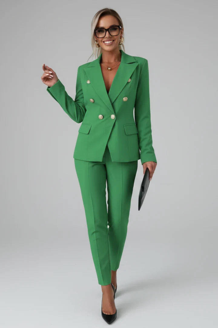 Structured women's suit set featuring double-breasted blazer with gold buttons and matching high-waisted trousers