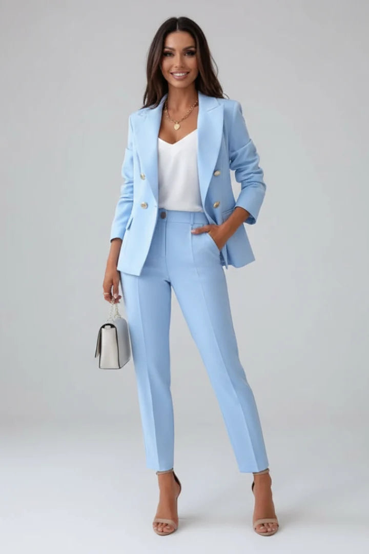 Light blue women's suit set showing structured blazer with notched lapels and matching high-waisted trousers on neutral background