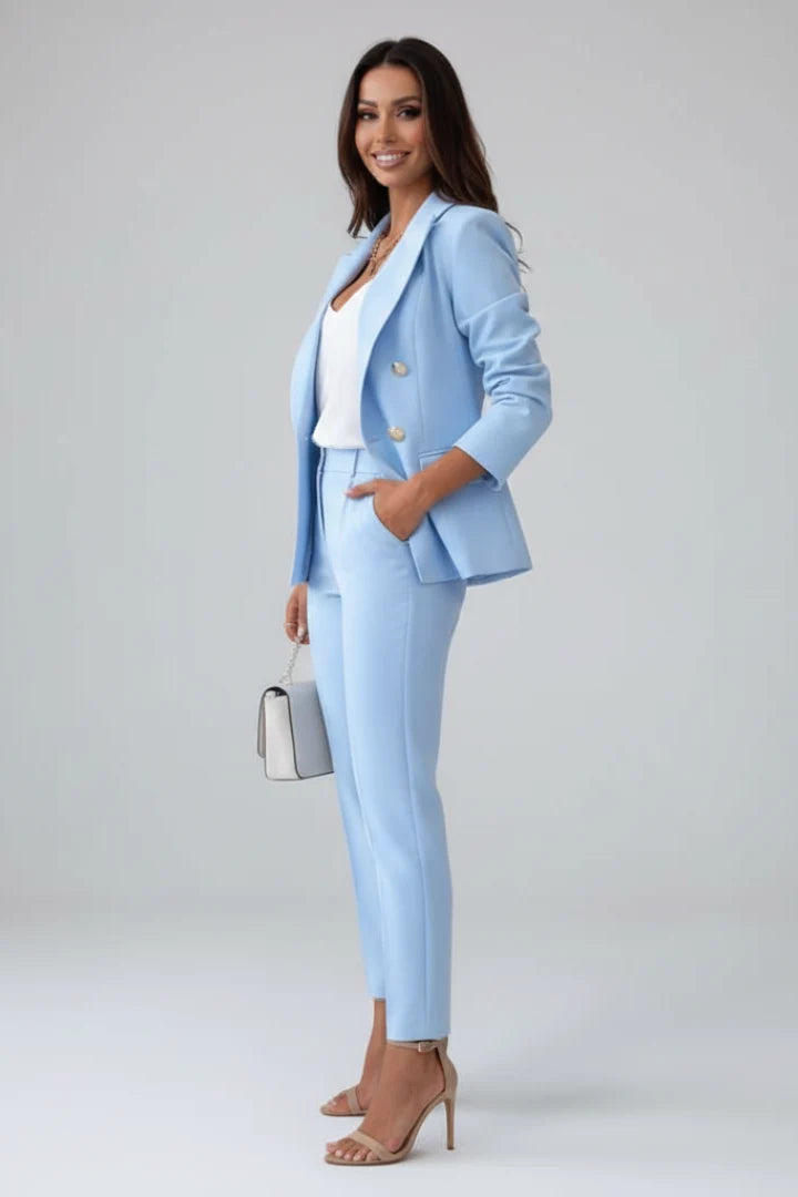 Double-breasted blazer from women's tailored suit set displaying gold-tone button detailing and flap pockets