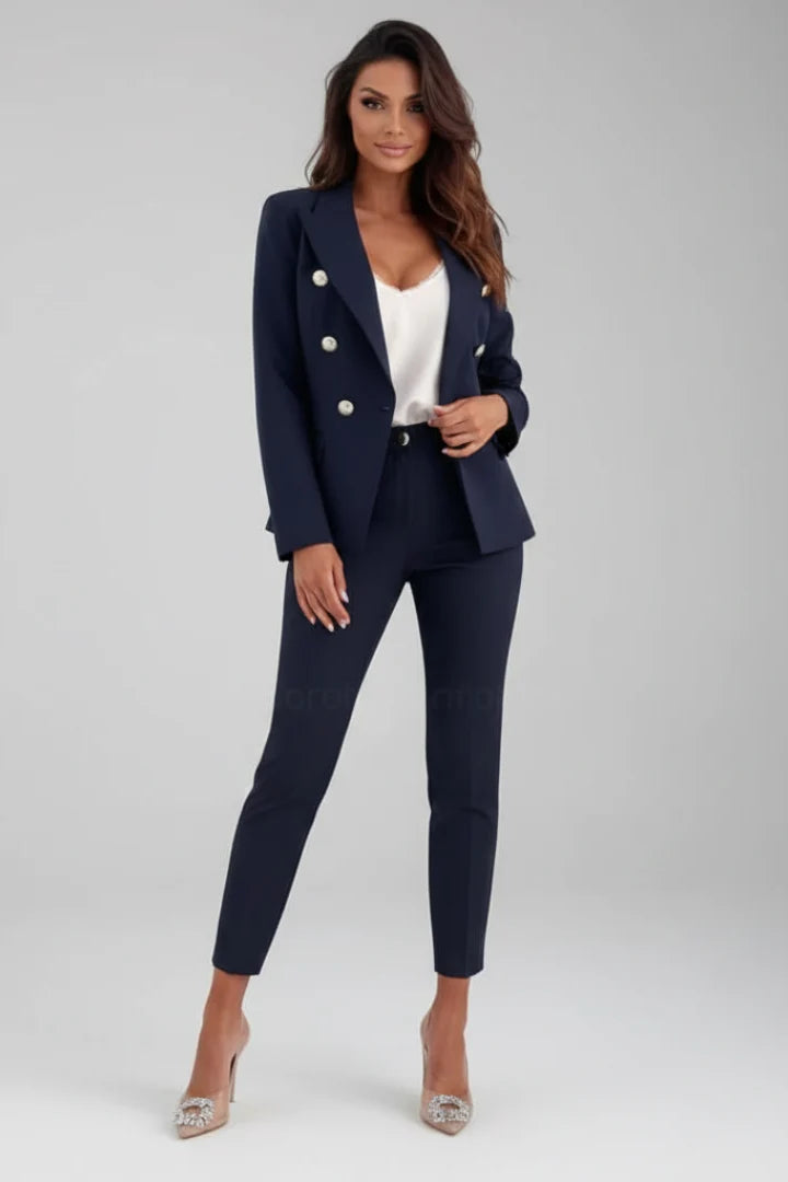 Women's formal suit set in light blue featuring tailored blazer and high-waisted straight-leg trousers