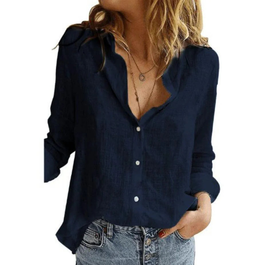 Detail shot of the button-front closure and V-neckline on the Comfortable Flattering Cotton Long Sleeve Shirt
