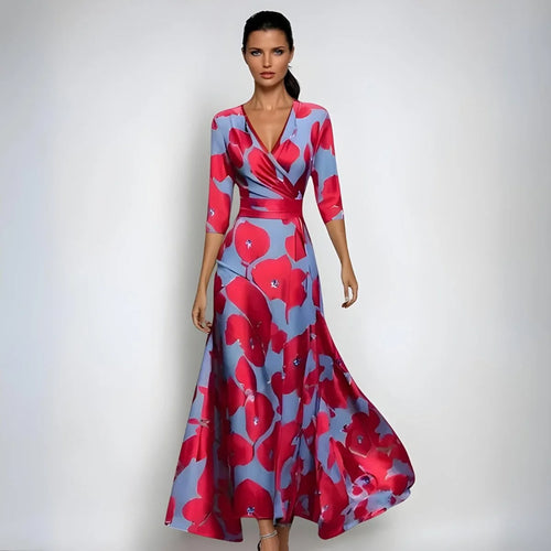 Floral maxi mother of the bride dress with V-neck wrap silhouette and three-quarter sleeves in bold poppy print