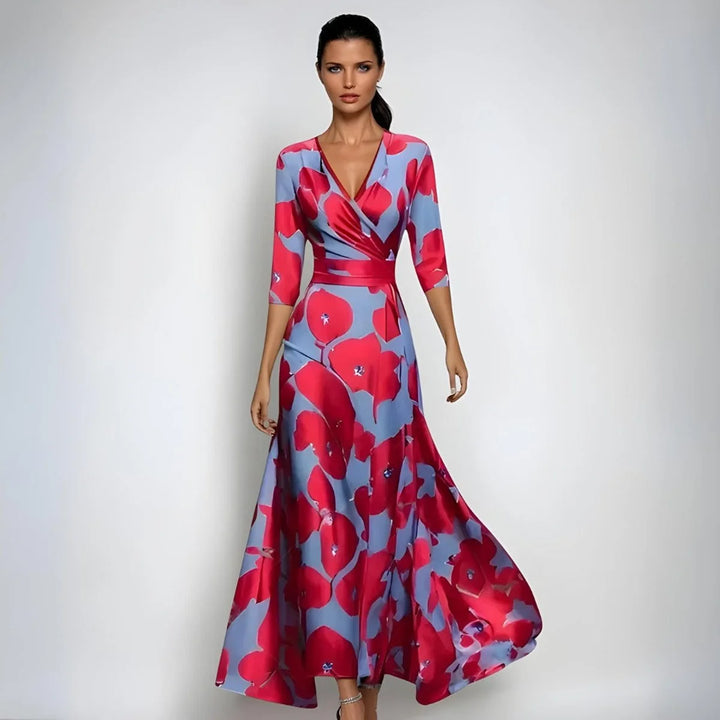 Floral maxi mother of the bride dress with V-neck wrap silhouette and three-quarter sleeves in bold poppy print
