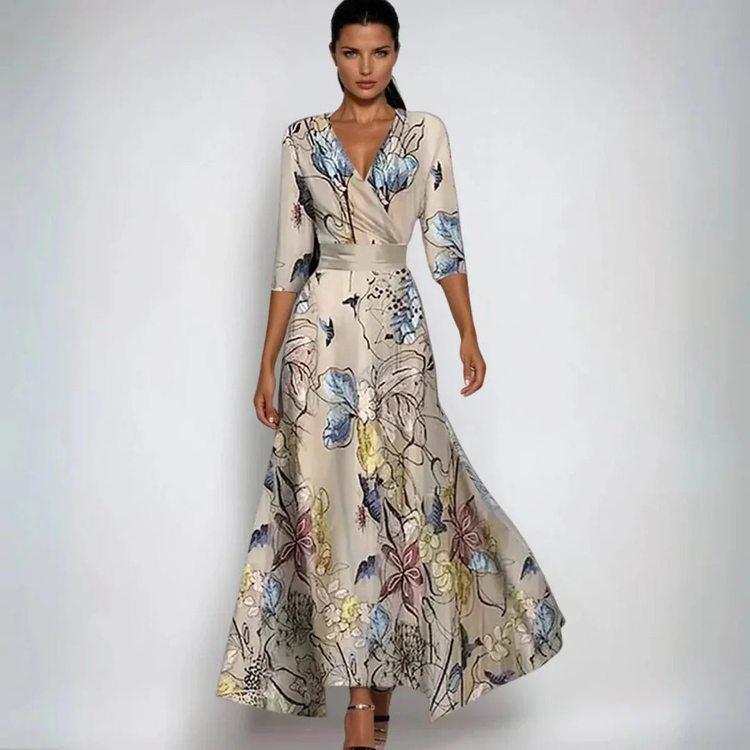 Three-quarter sleeve floral maxi dress in red poppy print on soft blue ground
