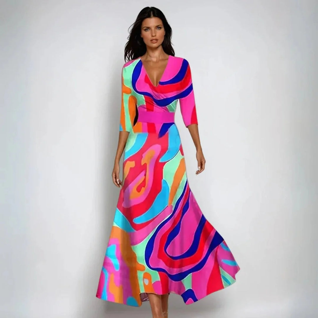 Floor-length A-line skirt on floral maxi mother of the bride dress with wrap neckline