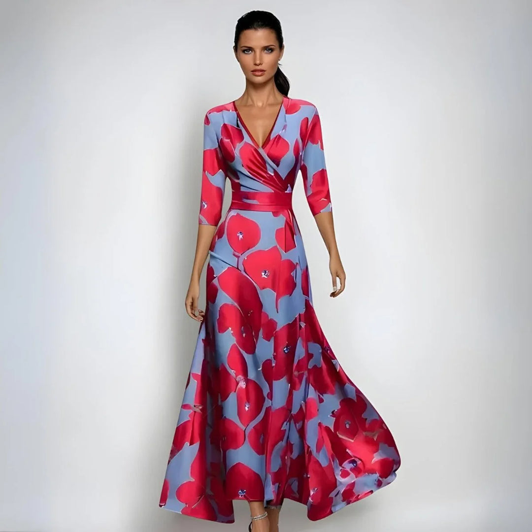 Bold poppy print floral maxi dress with V-neck wrap silhouette for weddings and formal events