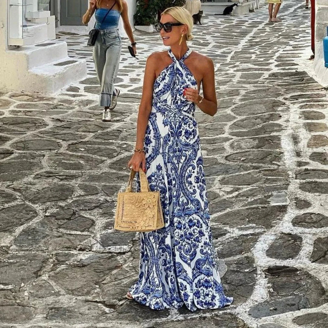 Full-length halter neck maxi dress with sleeveless design and relaxed fit for summer wear