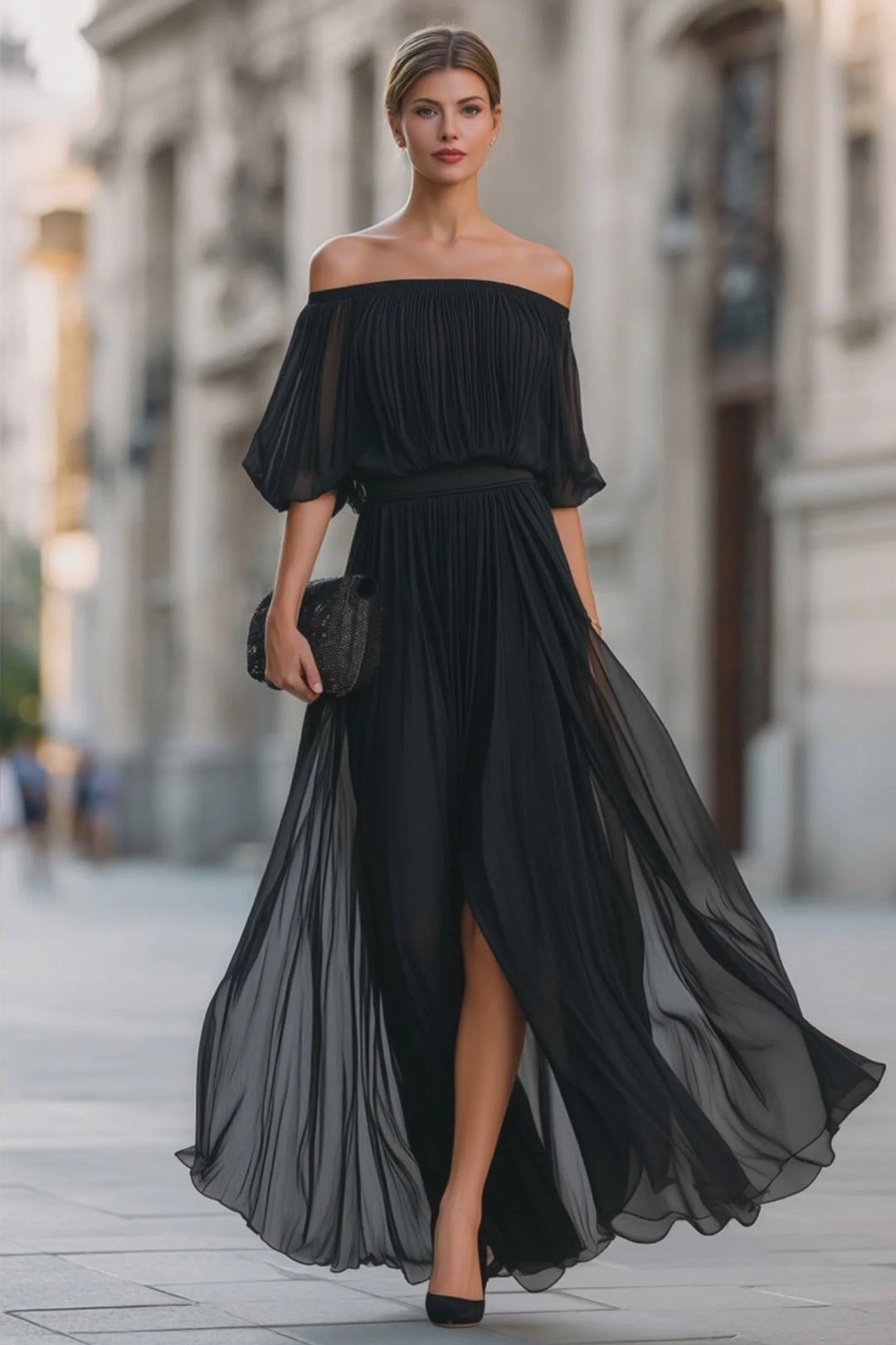 Black Women's Pleated Chiffon Off-Shoulder Flowing Maxi Dress with bardot neckline and pleated skirt on model