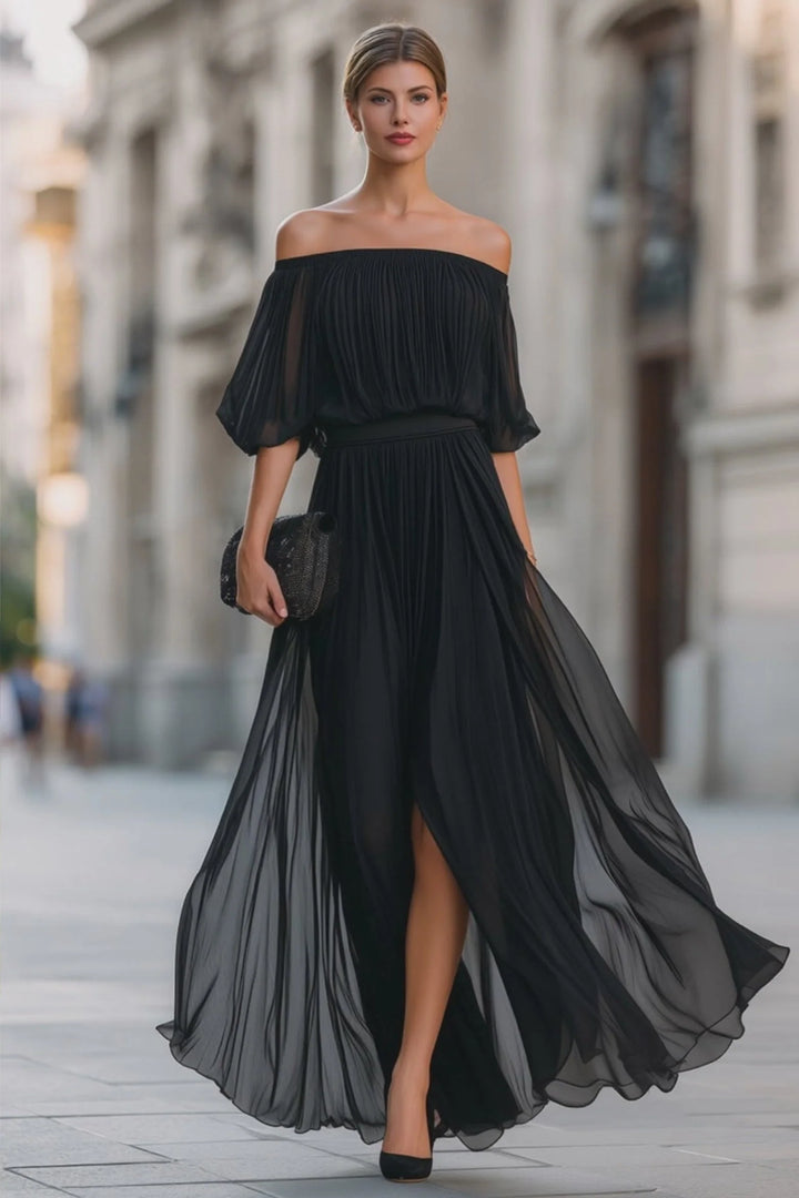 Black Women's Pleated Chiffon Off-Shoulder Flowing Maxi Dress with bardot neckline and pleated skirt on model