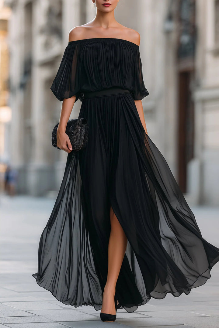 Women's black formal maxi dress with off-shoulder neckline and front slit