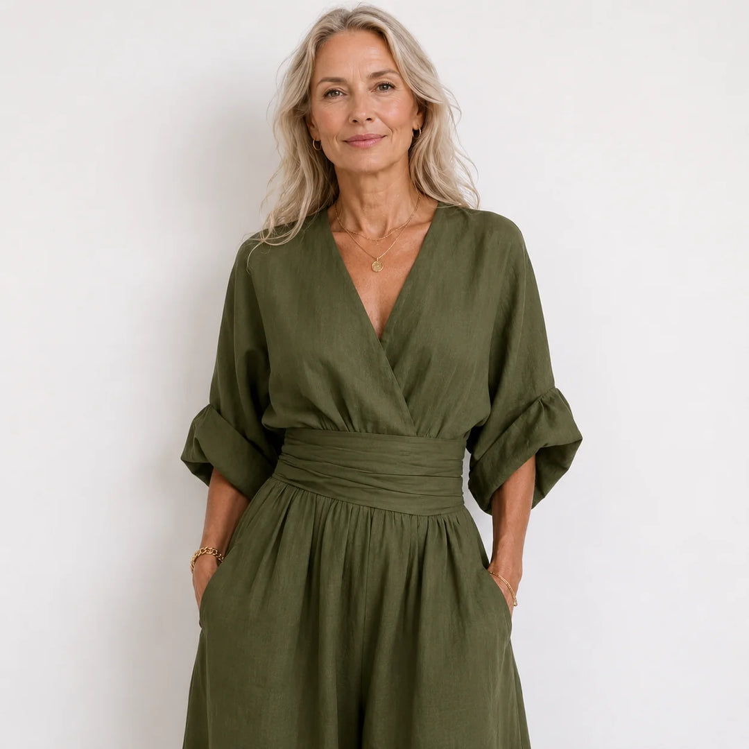 Wide-Leg Linen Jumpsuit For Women in olive green with deep V-neckline and cinched waist