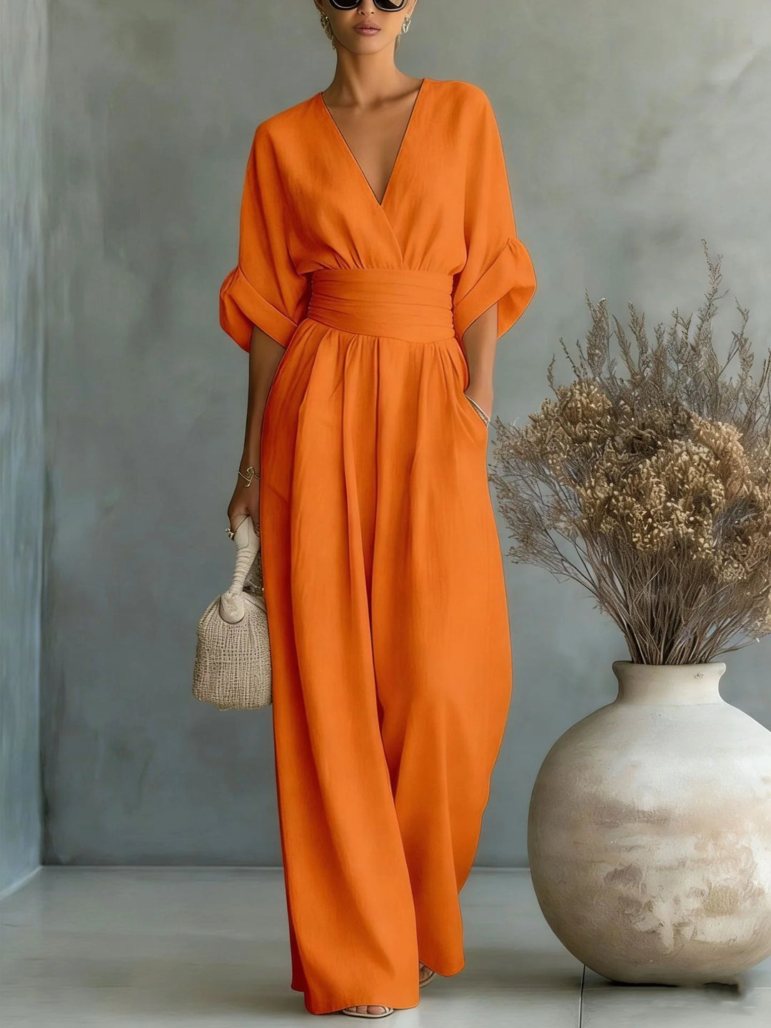Full-body shot of wide-leg linen jumpsuit for women in relaxed fit