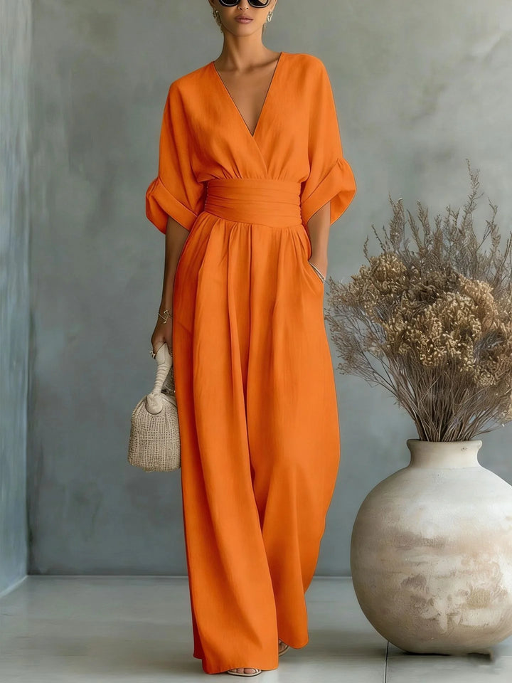 Full-body shot of wide-leg linen jumpsuit for women in relaxed fit