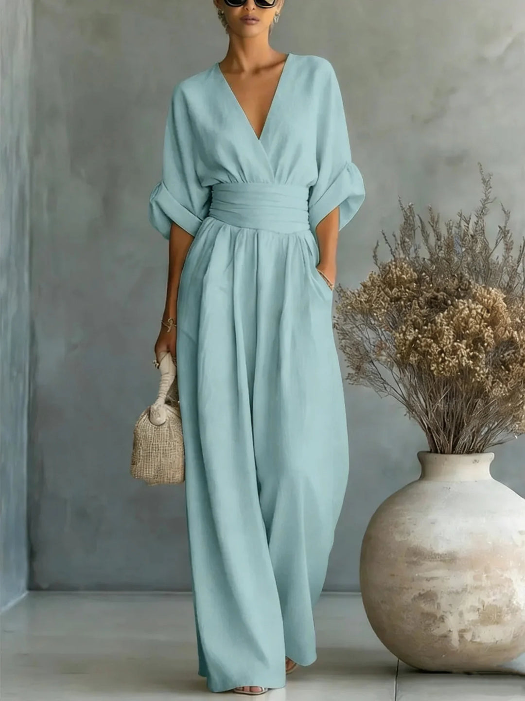 Close-up of lightweight fabric and smooth finish on linen jumpsuit