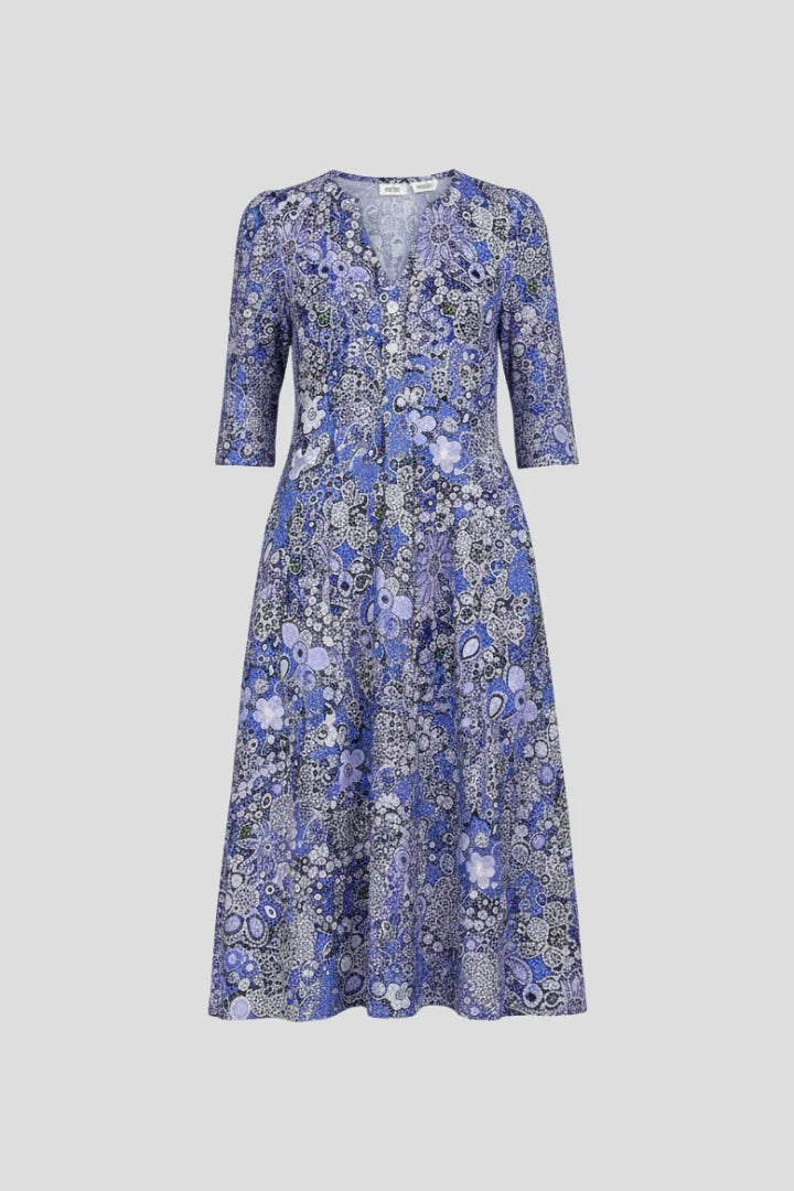 Women's Midi Dress with V-Neck and Three-Quarter Sleeves featuring blue floral paisley print and flared skirt