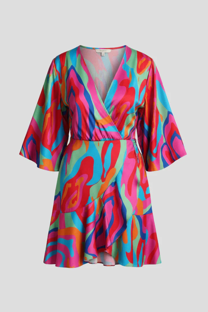 Women's Mini Dress with Batwing Sleeves and Waist Tie featuring vibrant multicoloured printed pattern and V-neckline