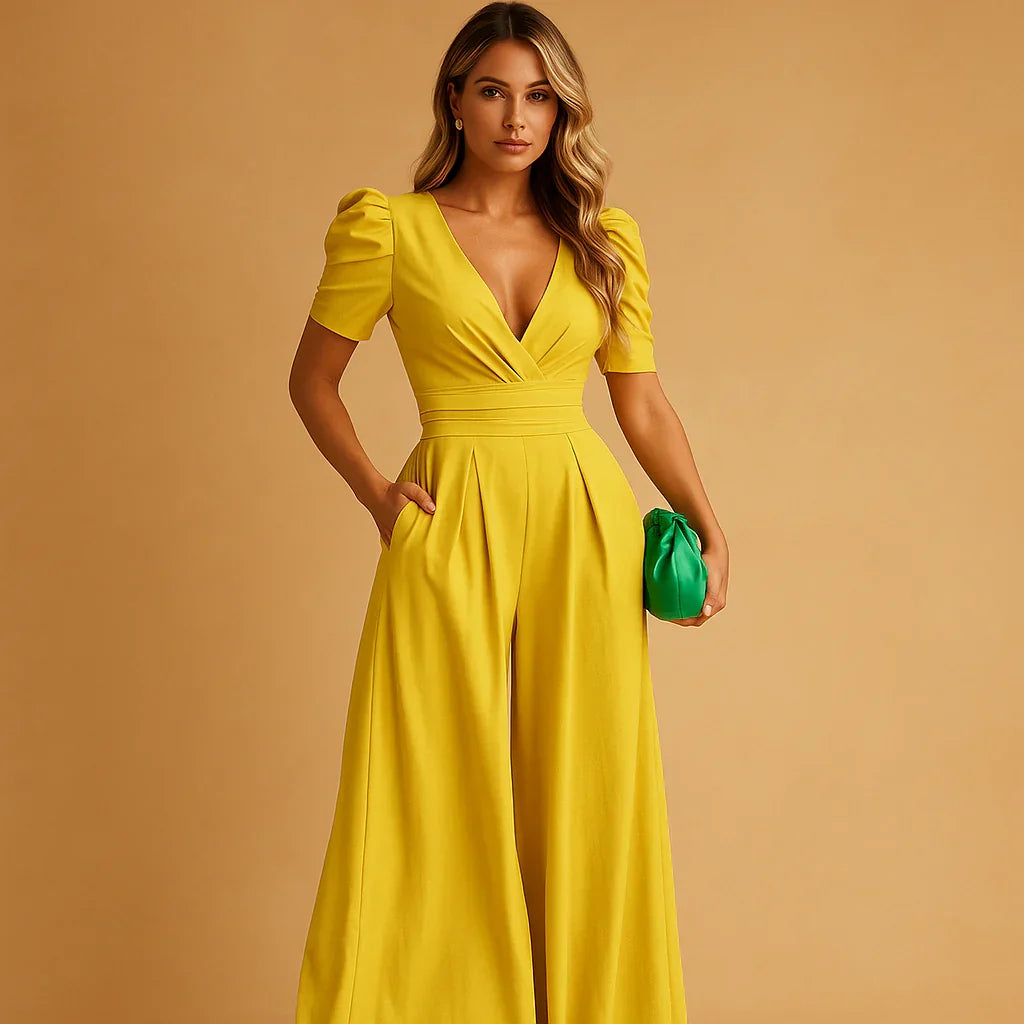 Close-up of tailored bodice and defined waistband on puff sleeve jumpsuit