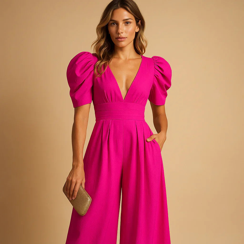 Back view of formal jumpsuit showing concealed zip closure and elegant silhouette