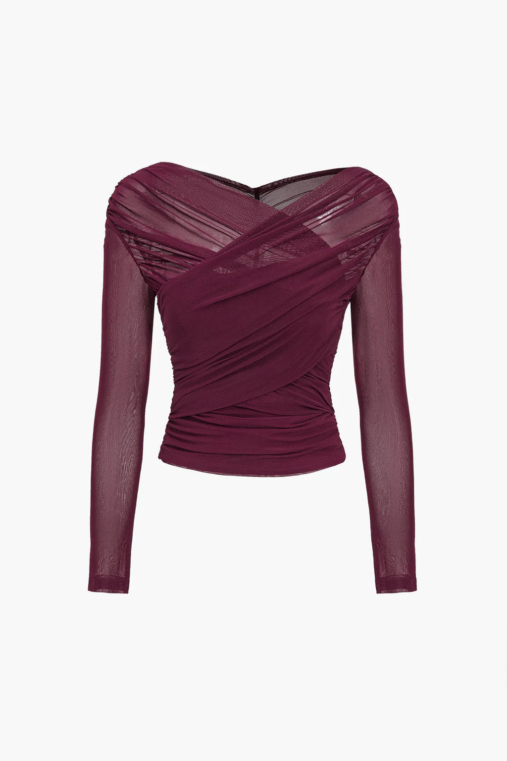 Side view of women's ruched wrap mesh top displaying sheer sleeve construction and sculpted silhouette