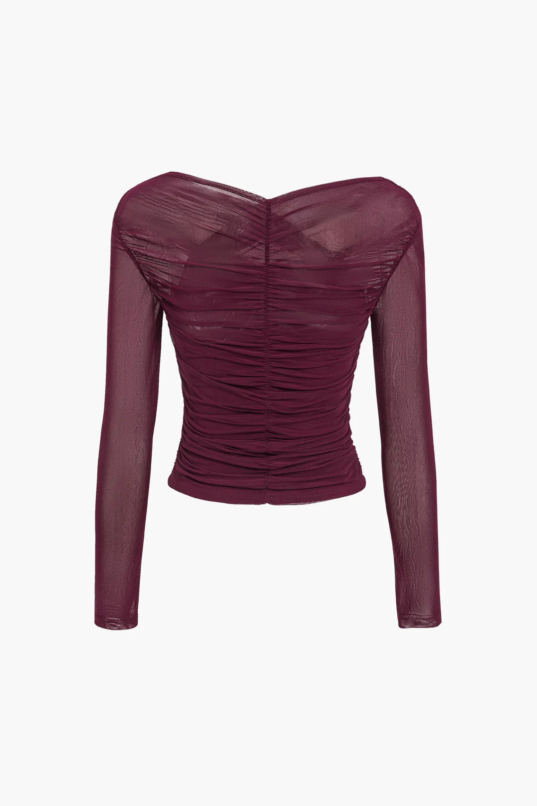 Detail shot of ruched wrap mesh top for women showing textured bodice and wrap closure