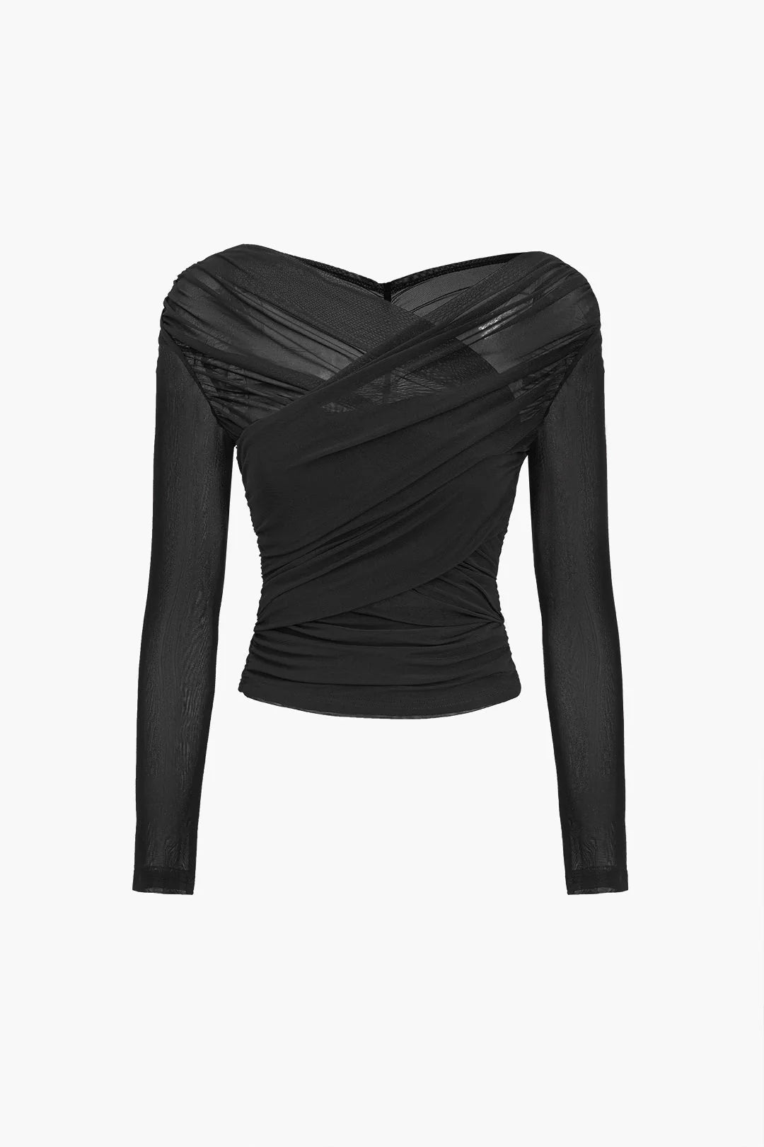 Full-length styling of ruched wrap mesh top for women paired with high-waisted black trousers