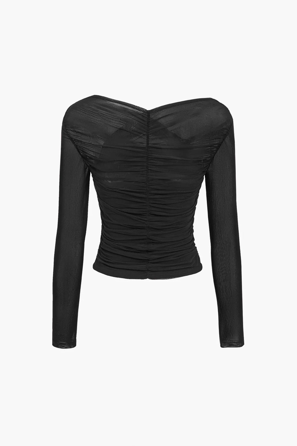 Alternative angle of women's ruched wrap mesh top highlighting cropped length and diagonal wrap front
