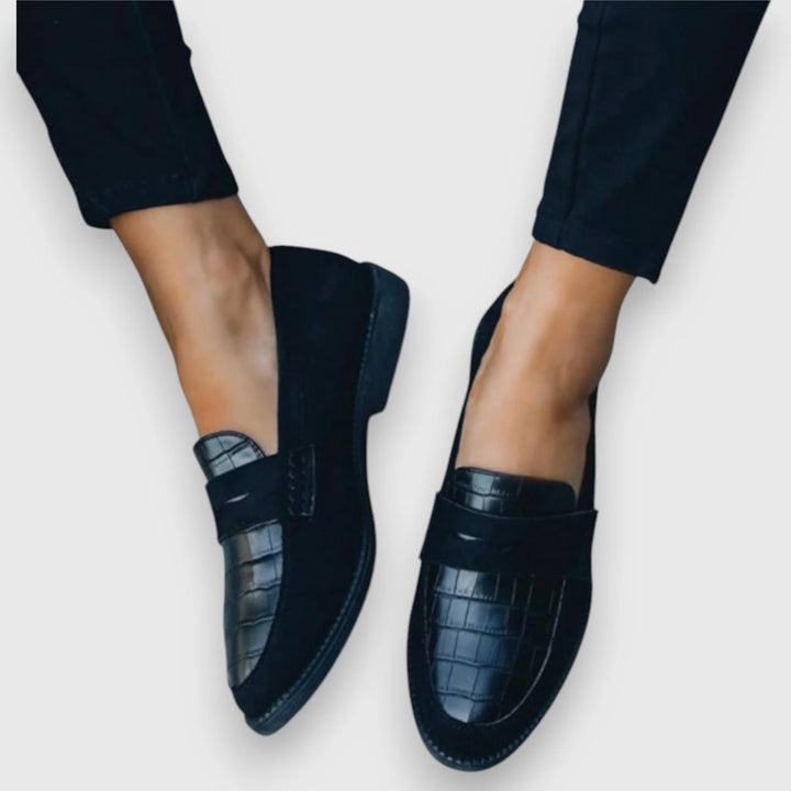 Charlotte women's black orthopedic loafers with croc-embossed vamp panel and cushioned footbed for all-day support
