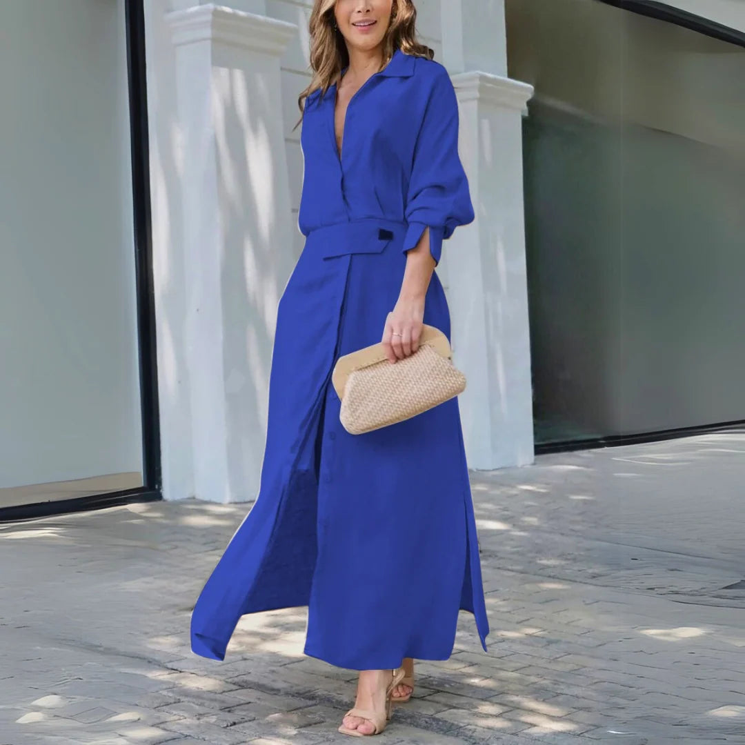Full-length view of elegant maxi dress with V-neck styled with sandals for summer