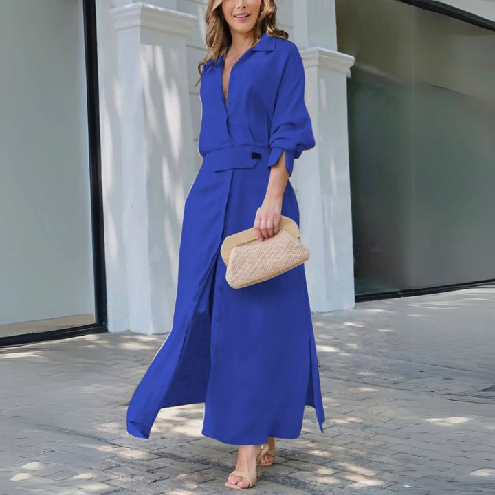 Full-length view of elegant maxi dress with V-neck styled with sandals for summer