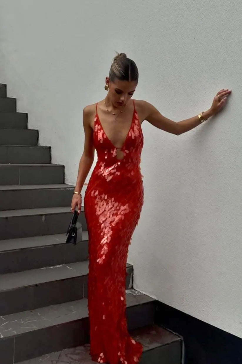 Eden Sequin Evening Wedding Guest Dress in red with deep V-neckline and mermaid silhouette for formal occasions