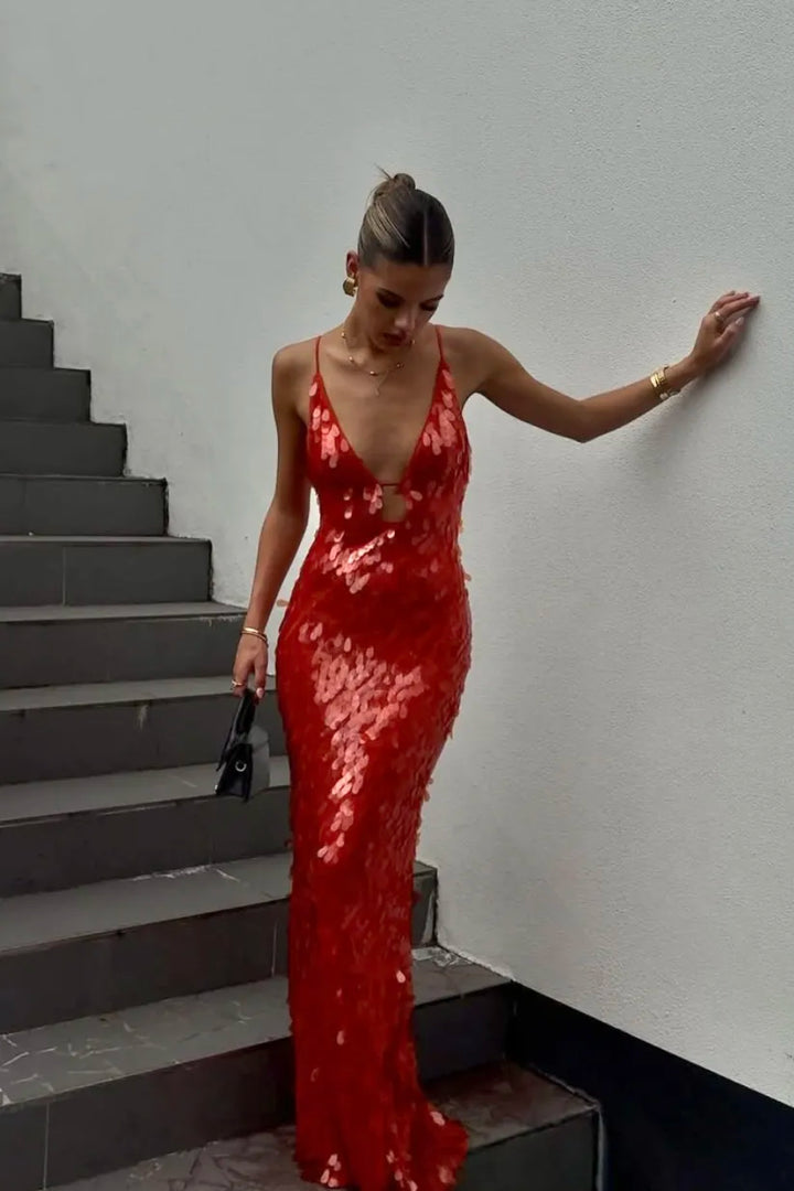 Eden Sequin Evening Wedding Guest Dress in red with deep V-neckline and mermaid silhouette for formal occasions