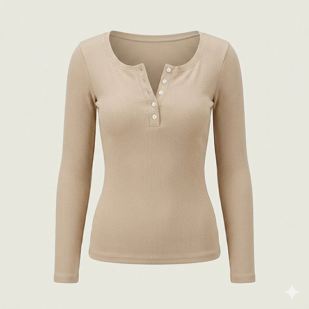 Close-up view of ribbed button long sleeve top for women showing button-front neckline detail