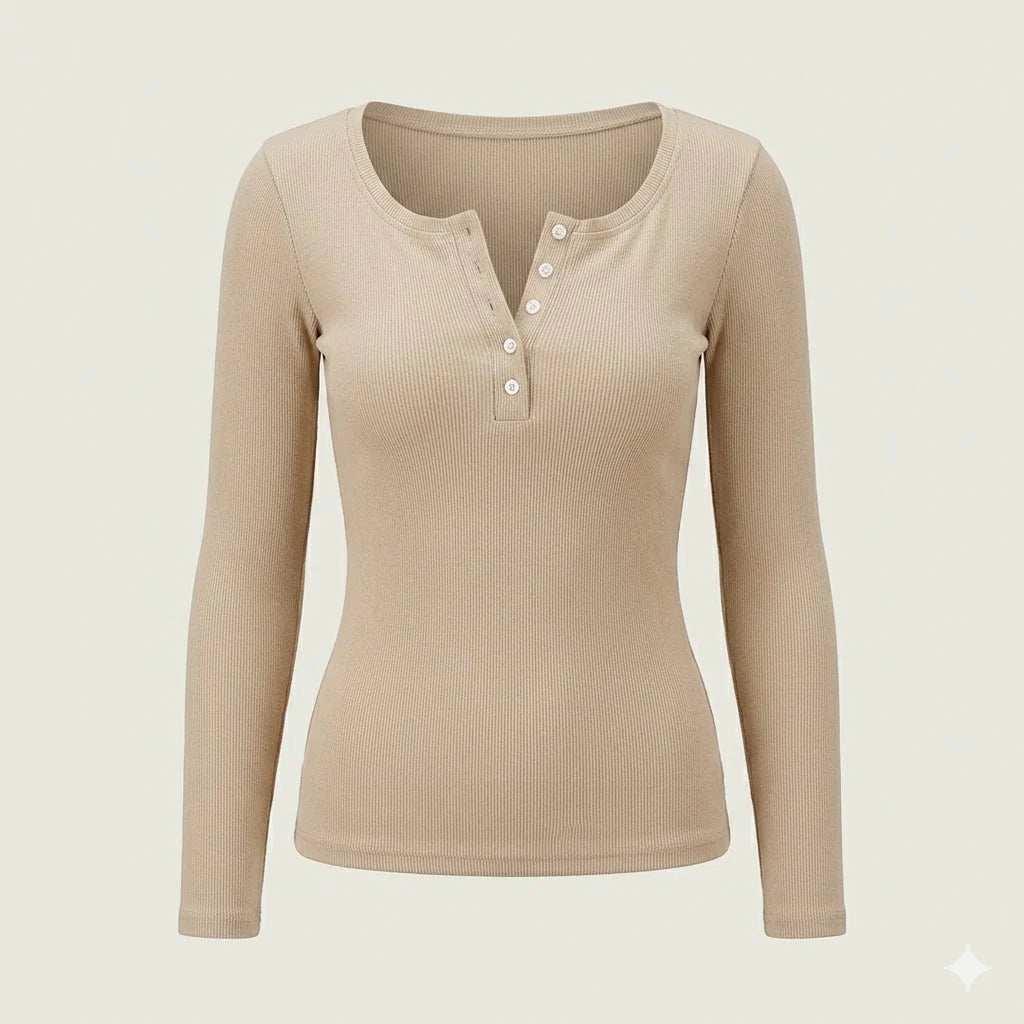 Close-up view of ribbed button long sleeve top for women showing button-front neckline detail