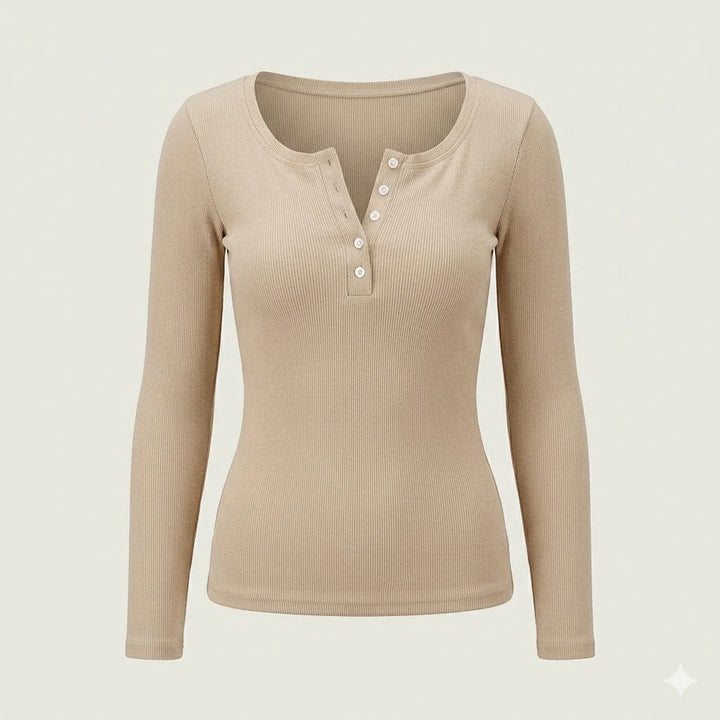 Close-up view of ribbed button long sleeve top for women showing button-front neckline detail