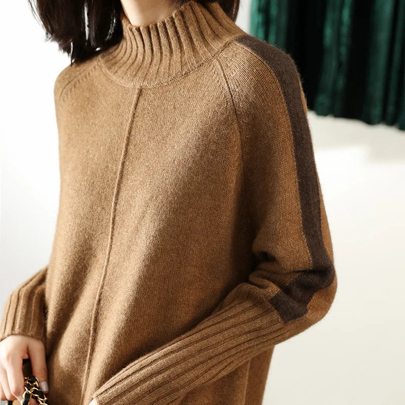 Full-length view of women's knit mini dress paired with structured handbag for casual styling