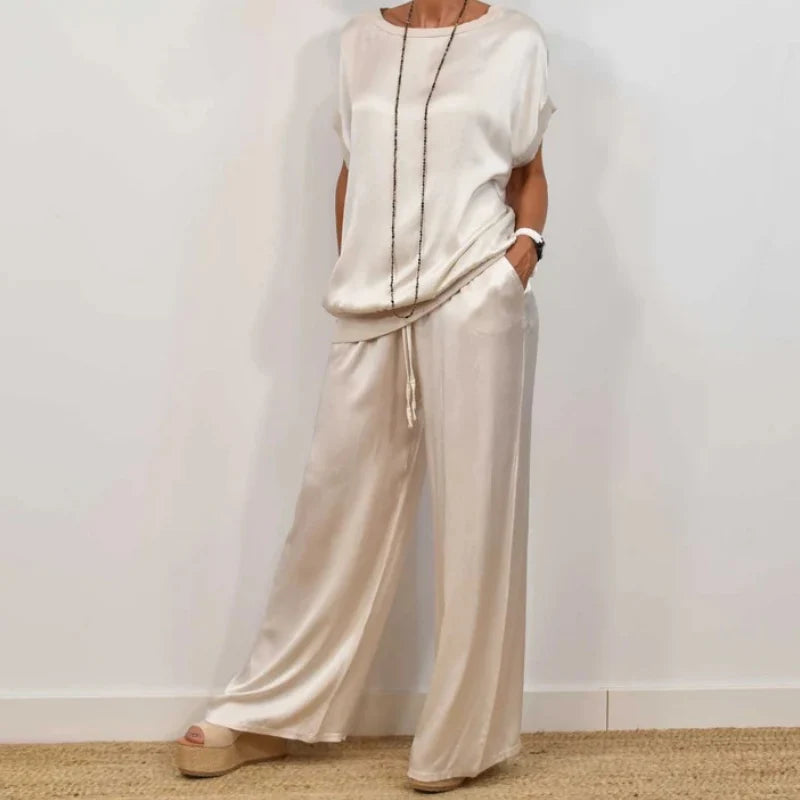 Women's Wide Leg Loose Fit Two-Piece Set in cream featuring relaxed short sleeve top and flowing wide leg trousers