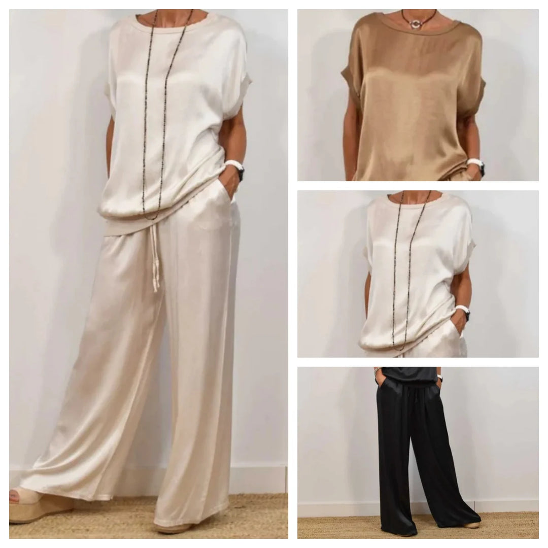 Full outfit view of women's wide leg loose fit two-piece set in neutral beige tone