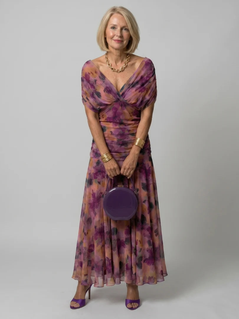 Off-shoulder floral maxi dress with watercolour print and ruched bodice for formal occasions