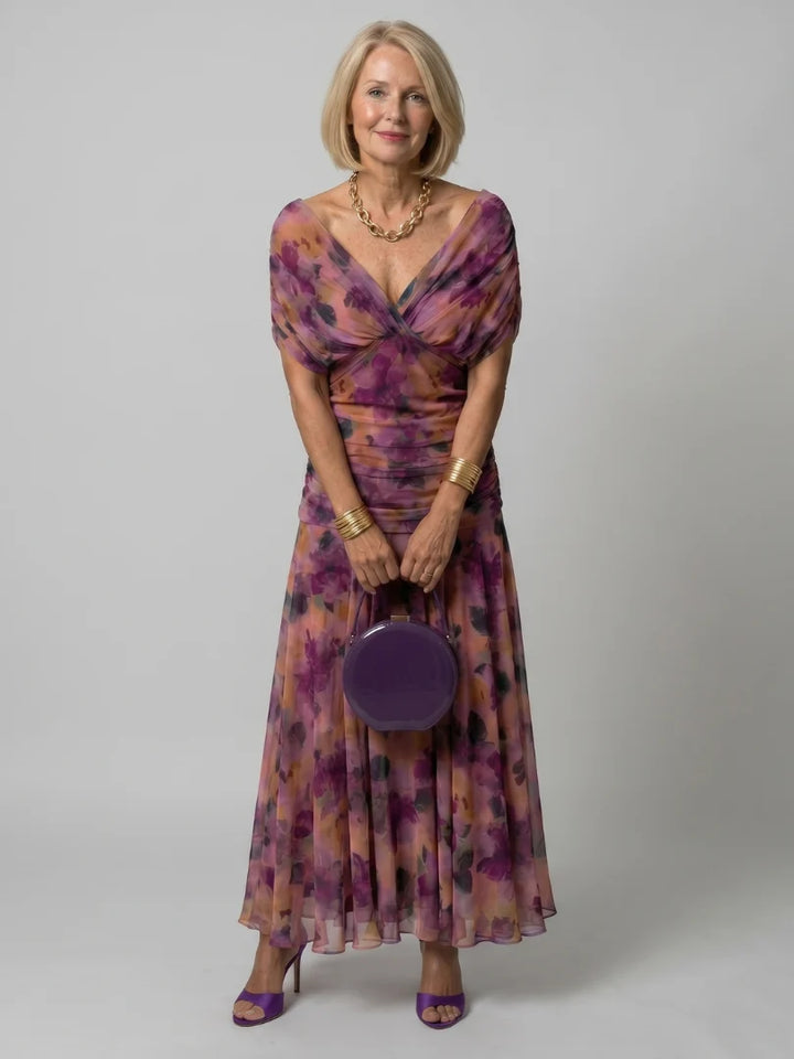 Off-shoulder floral maxi dress with watercolour print and ruched bodice for formal occasions