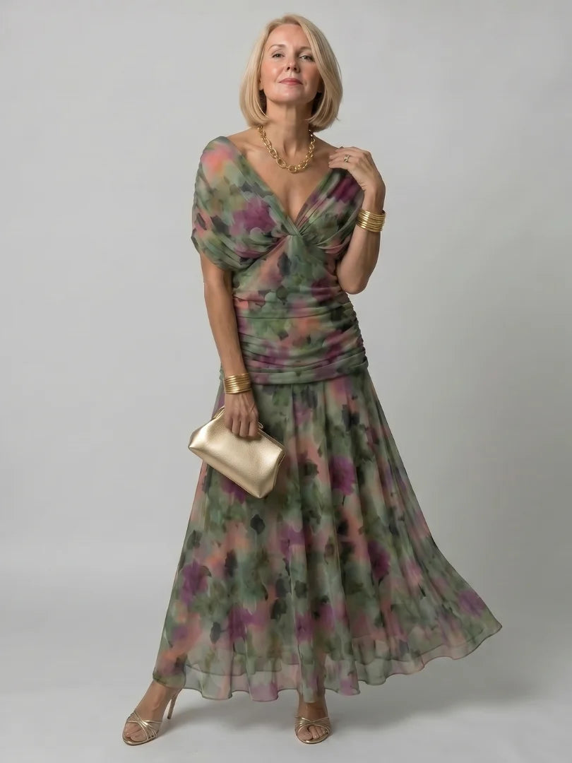 Purple and peach floral print dress with off-shoulder neckline for evening wear
