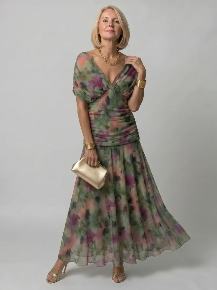 Purple and peach floral print dress with off-shoulder neckline for evening wear