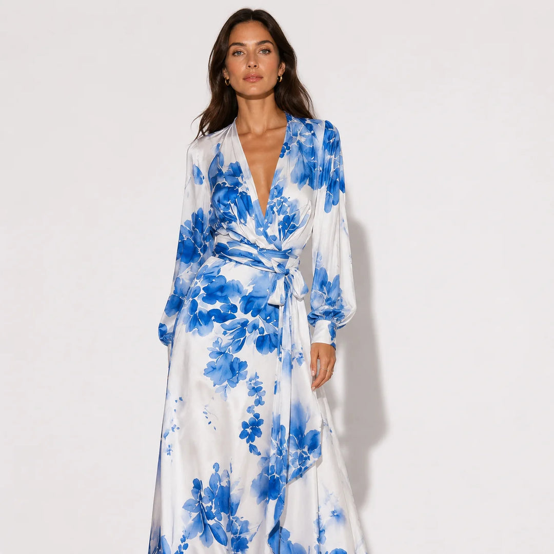 Floral Chiffon Maxi Dress For Women with blue watercolour print and deep V-neckline on model