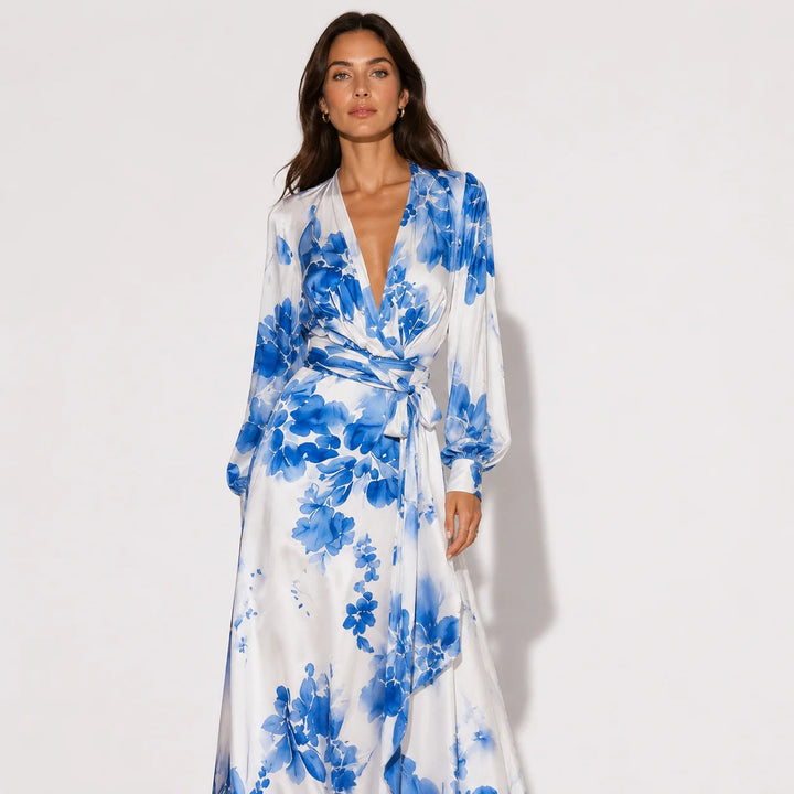 Floral Chiffon Maxi Dress For Women with blue watercolour print and deep V-neckline on model