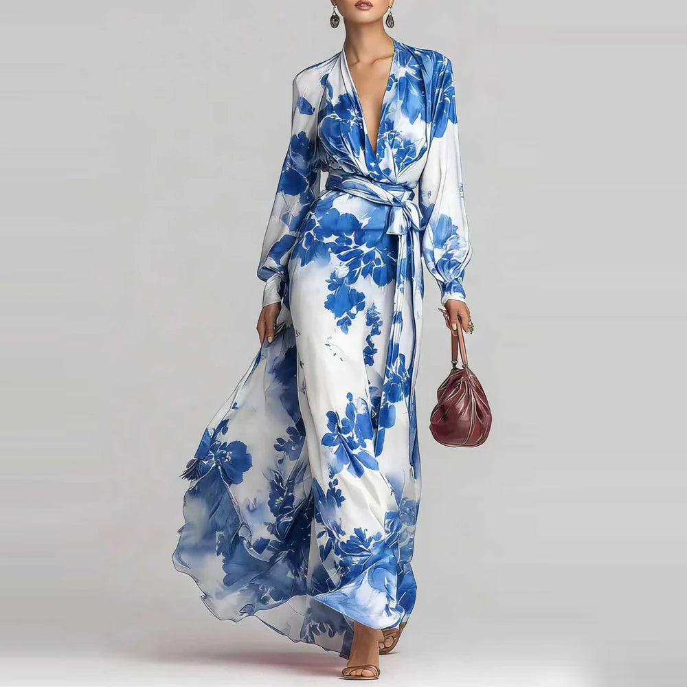 Side view of floral chiffon maxi dress showing tie waist and flowing skirt