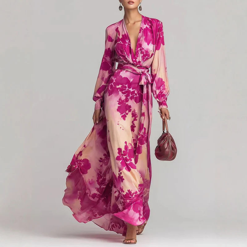 Back view of floral chiffon maxi dress with wrap bodice